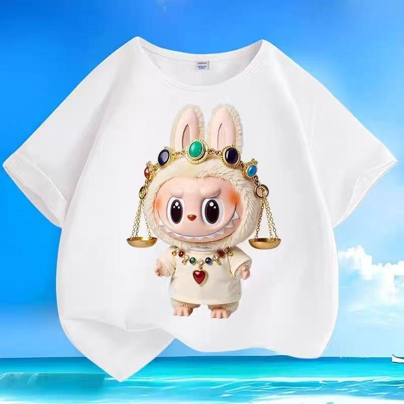 LABUBU Kreslený potisk Dvanácti souhvězdí Dětská trička Bílá Chlapecká Dívčí Krátký rukáv Top Trendy Oblečení Dárek