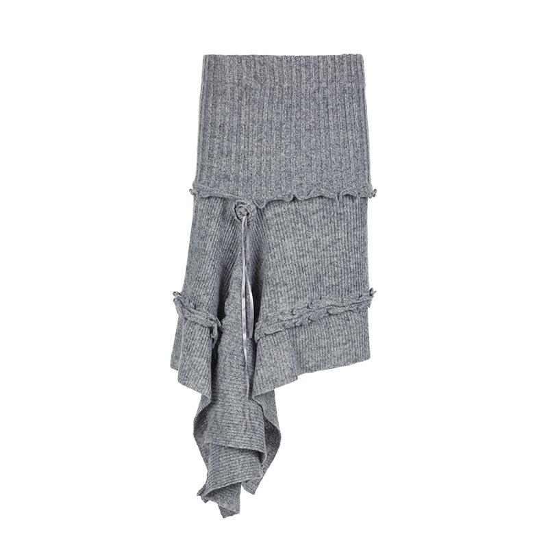 

Весенне-осенняя женская шерстяная трикотажная юбка с асимметричным подолом, плиссированная кружевная юбка длиной до пола, трендовая S серый