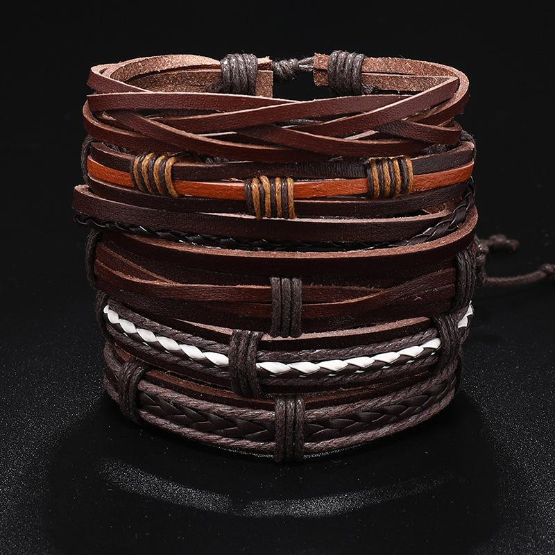 Set Of 6 Black Handmade Woven Pu Leather Bracelet For Men Multi Pack Fashion Vintage Braided Bangle As Birthday Gift