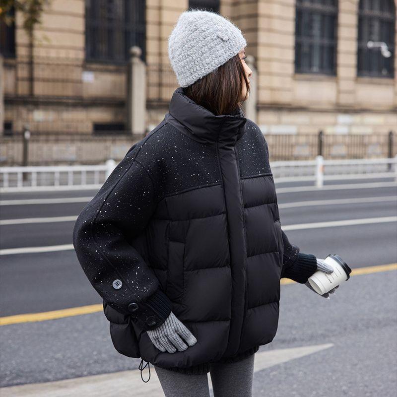 Glitter Patchwork Stand Collar Winter Coat Women European Style Warm Quilted Jacket Fashion Design