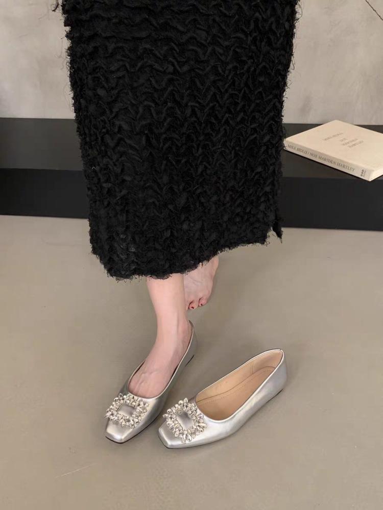 Strass leicht Mund weicher Boden flache Sohle EinzelSchuhe Frühling Französisch hoher Sinn Silber quadratischer Kopf Abendschuhe Damenschuhe
