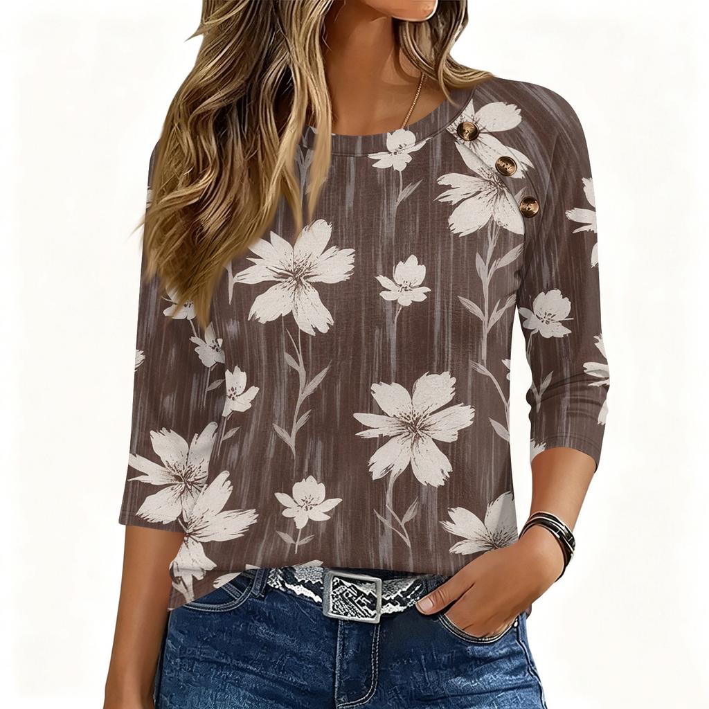 Women 34 Sleeve Crew Neck Button T Shirt Floral Print Casual Loose Fit Top for Daily and Office Wear