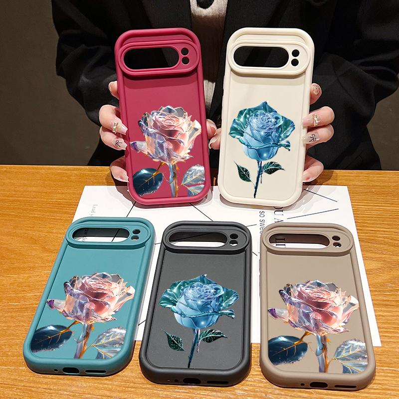 Crystal Rose Flower Print TPU Shockproof Case For Google Pixel 9 Pro XL 8 Pro 8A Lens Protection Matte Soft Phone Cover