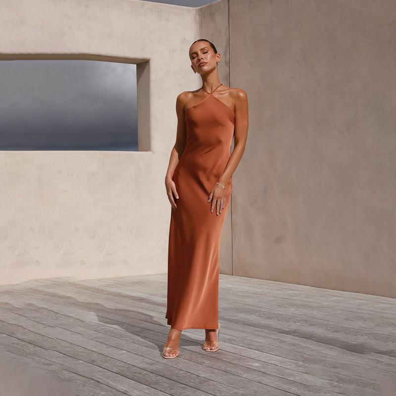 Women Design Sense Backless Spaghetti Strap Solid Ankel-Length Dress V-neck High Waist