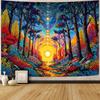Bohemian Sun Landscape Tapestry, Colorful Sunrise With Mountains And Flowers Wall Art For Aesthetic And Whimsical Room Decor