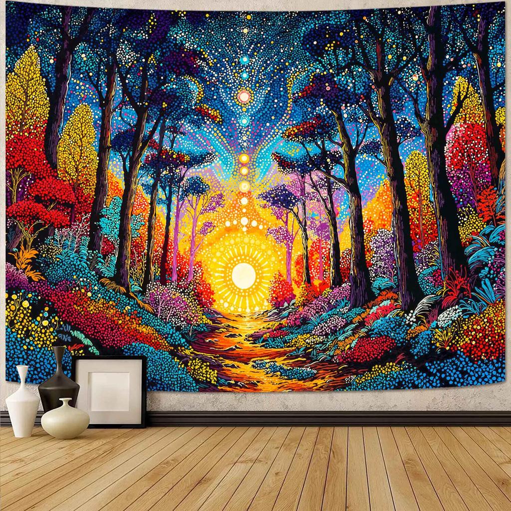 Bohemian Sun Landscape Tapestry, Colorful Sunrise With Mountains And Flowers Wall Art For Aesthetic And Whimsical Room Decor