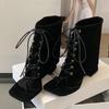 Street Style Fashion Vintage Square Clip Toe Women Ankle Boots Sandals Design Low Heels Cross Lace Up Shoes
