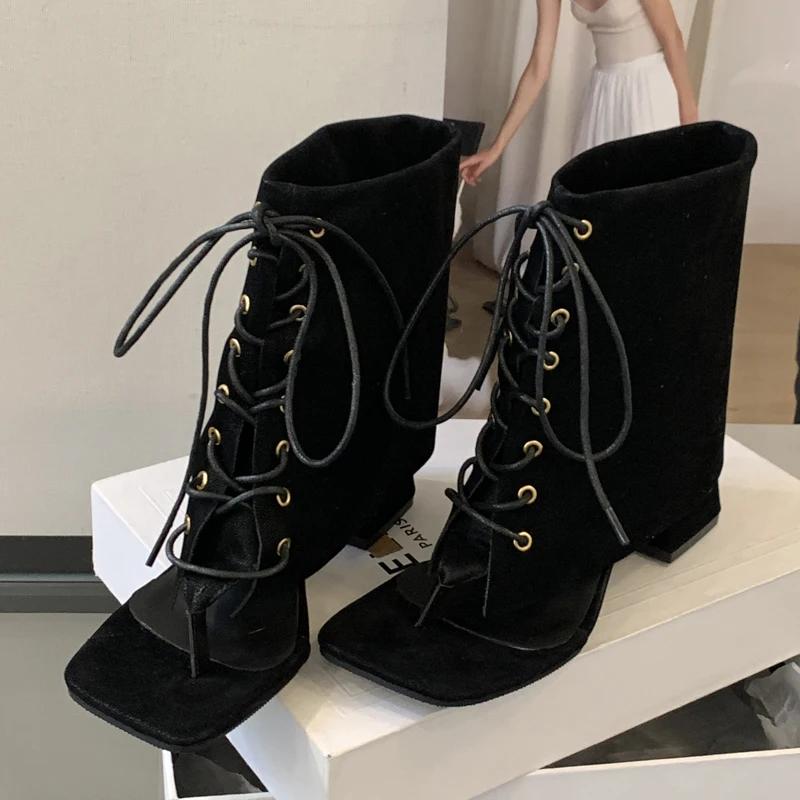 Street Style Fashion Vintage Square Clip Toe Women Ankle Boots Sandals Design Low Heels Cross Lace Up Shoes