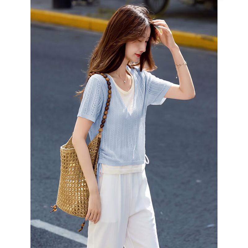 Women s Fake Two-Piece Round Neck Knitted Pullover One Size синий