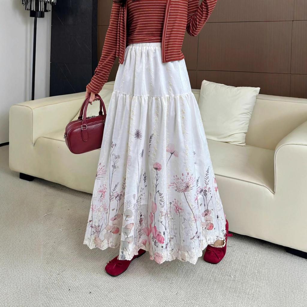 Qooth Luxury Embroidered A-Line Maxi Skirt High Waist Flowy Full Flare Skirt QT2853 абрикосовый