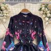French Chic Retro Vestidos Female Long Sleeve Printed A-line Bodycon Dress Spring Lace-up Pleated Dresses Button Dropshipping