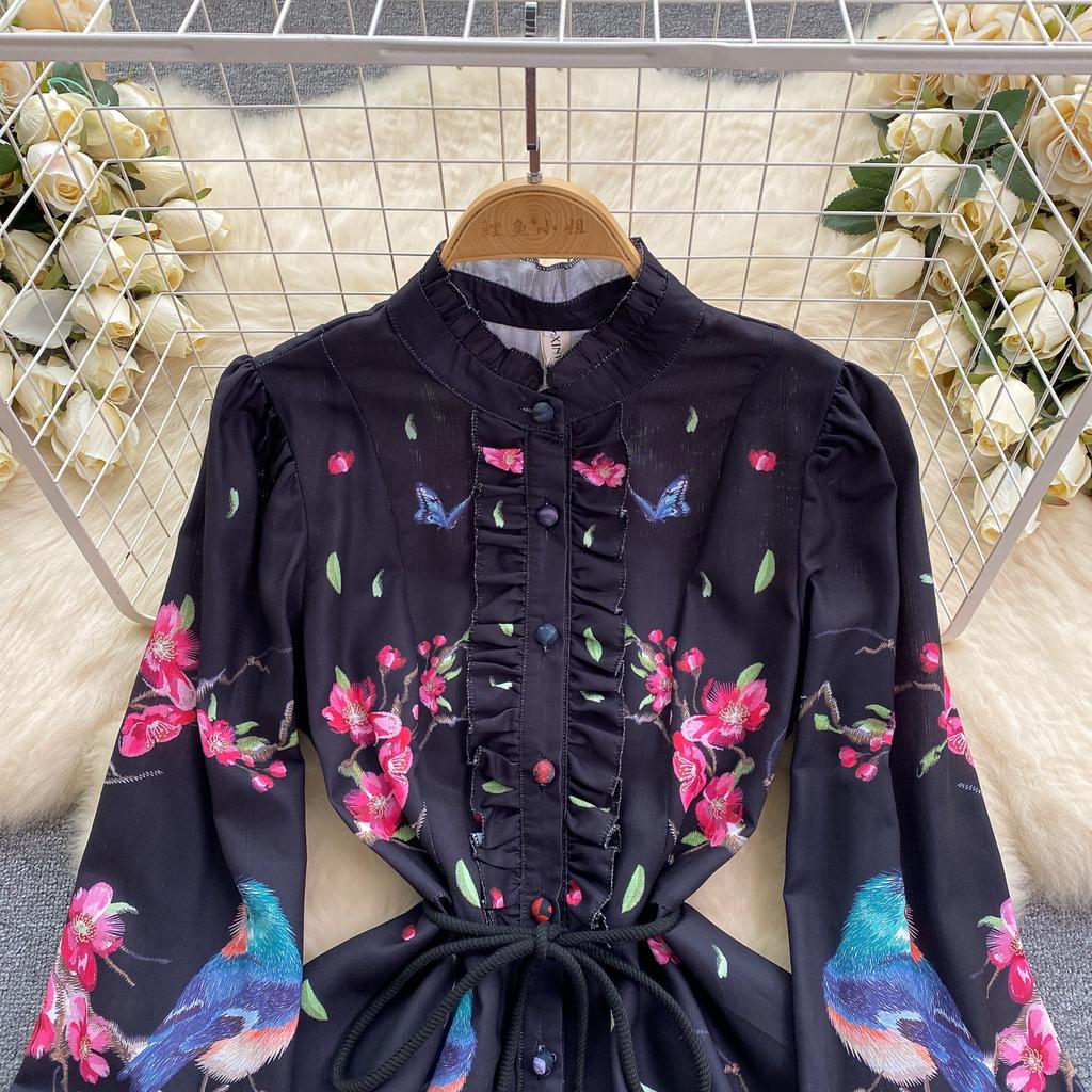 French Chic Retro Vestidos Female Long Sleeve Printed A-line Bodycon Dress Spring Lace-up Pleated Dresses Button Dropshipping