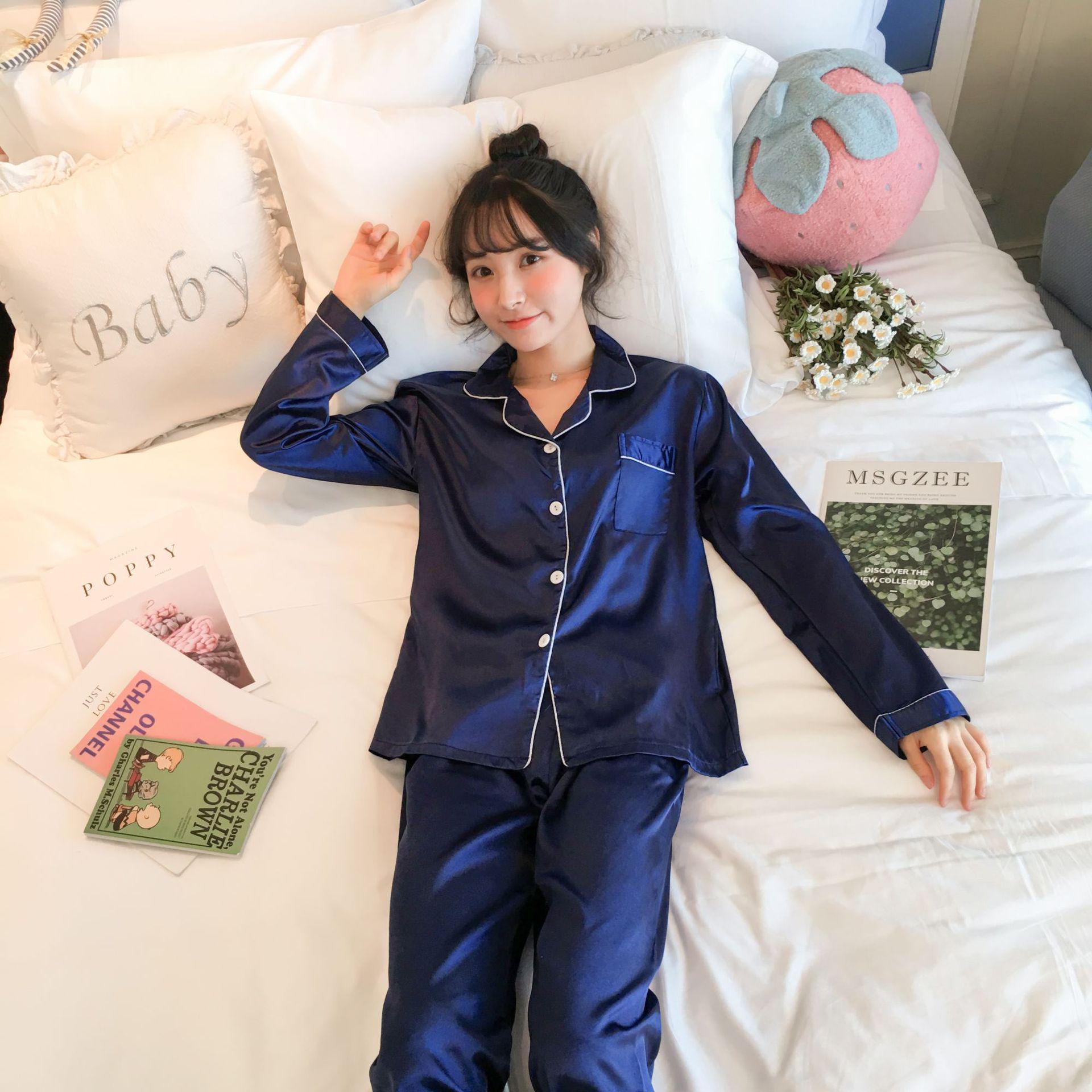 

Женский пижамный комплект из искусственного шелка с длинными рукавами и отворотом, размер плюс 4XL королевский синий