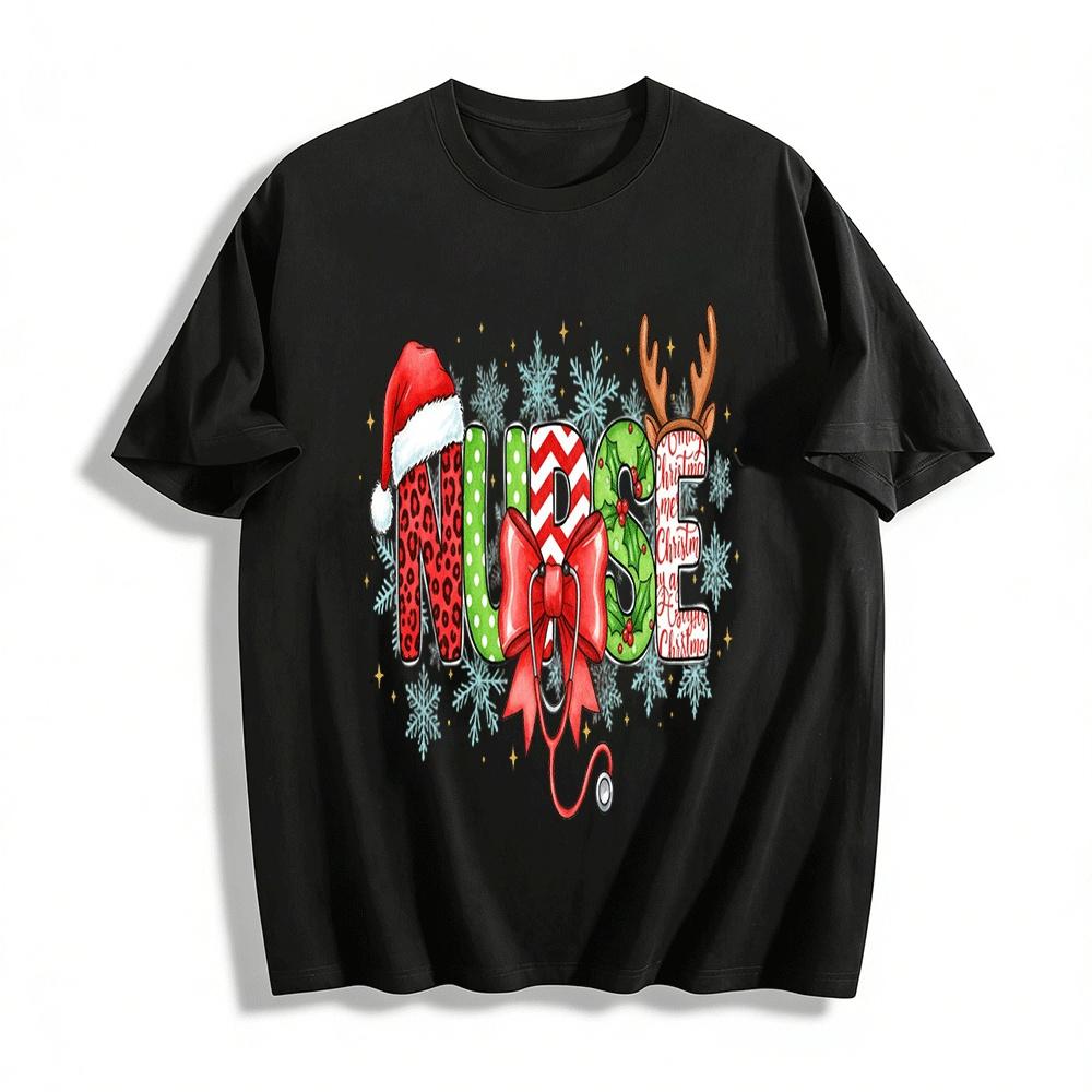 Christmas Nurse Print Casual Top Festive Medical Staff T-Shirt Pure cotton T-shirt XXS