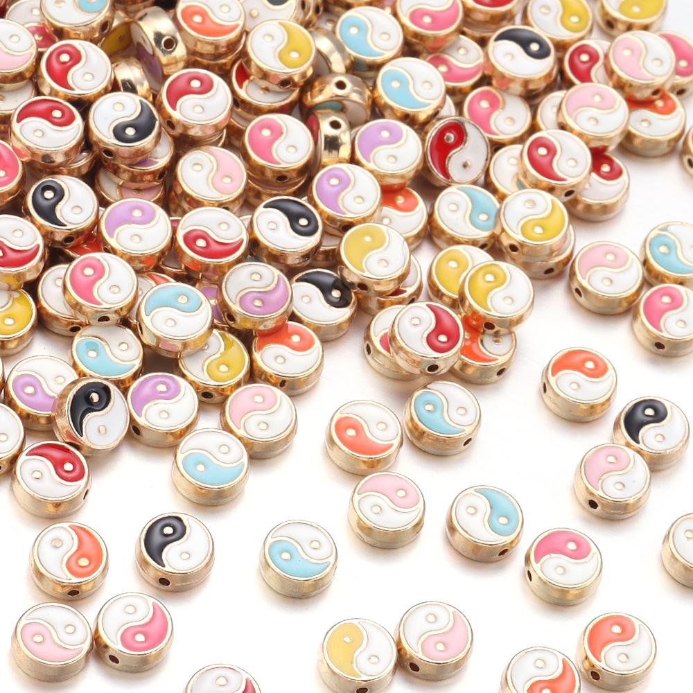 10pcs Double Sides Oil Drip Yinyang Beads for Jewelry Making Round Tai Ji Enamel Beads DIY Bracelet Necklace Loose Spacer Bead