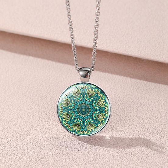 1 Set Women Jewelry Set Flower Print Glass Pendant Vintage Ethnic Style Prom Party Earrings Necklace Bracelet Combo Ideal Christmas Gift