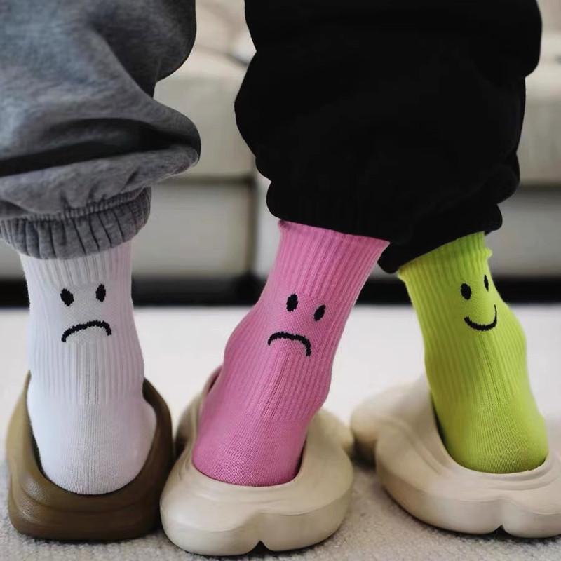 Tide Brand Crying Smiley Face Socks Funny Street Sports Solid Color Couple Socks Tide Socks Pure Cotton Medium Tube Socks