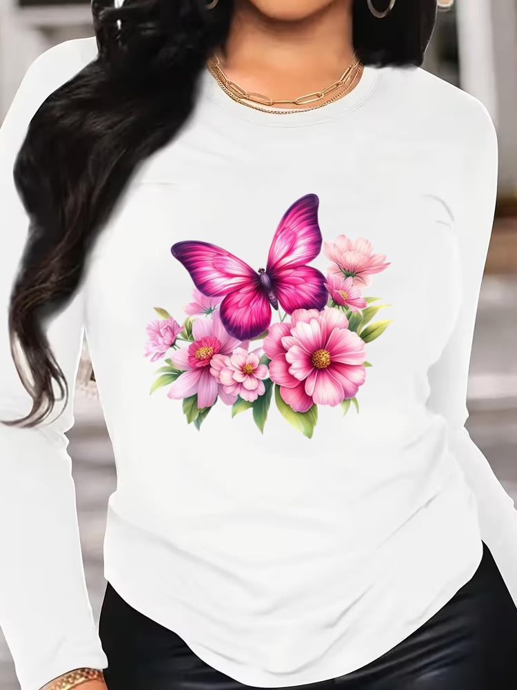 (Asian Size) Tee o-neck Print autumn winter spring Women Clothing butterfly 90s trend Casual Long Sleeve T Shirt Fashion Top Graphic T-shirts