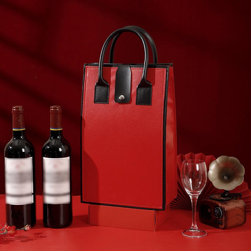 

Luxury Red Wine Packing Bag Exquisite Portable PU Leather Handle Bag Double Bottle Red Wine Tote Bag Champagne Bag Gift Box 22x35cm