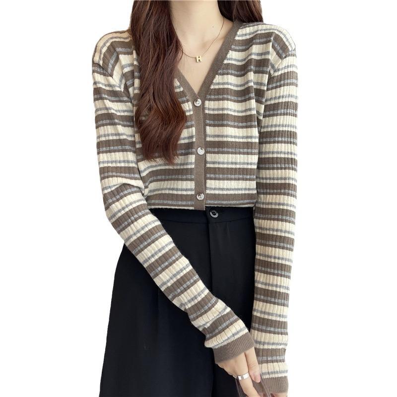 Retro autumn and winter versatile long-sleeved collar striped cardigan sweater women's knitted bottoming shirt jacket women