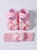 Baby Girls Lace Pearl Rhinestone Bow Crib Shoes & Matching Crochet Headband Set, Soft Dot Anti-Slip Magic Tape Mary Jane Princess Shoes