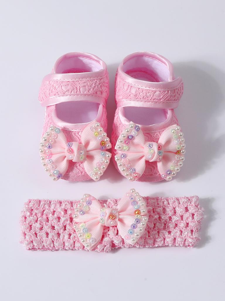 Baby Girls Lace Pearl Rhinestone Bow Crib Shoes & Matching Crochet Headband Set, Soft Dot Anti-Slip Magic Tape Mary Jane Princess Shoes