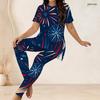 Women Plus Size Round Neck Short Sleeve Red Blue Printed Side Split Top Fitted Pants Two Piece Set