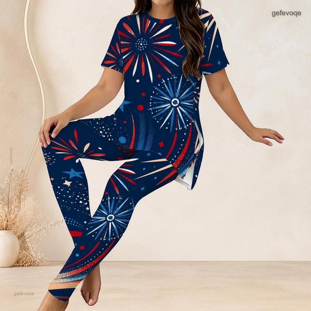 Women Plus Size Round Neck Short Sleeve Red Blue Printed Side Split Top Fitted Pants Two Piece Set