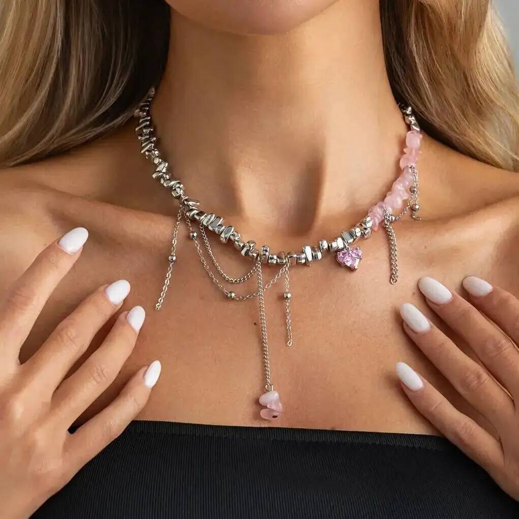 Salircon Cute Romantic Pink Irregular Acrylic Beads Pendant Choker Necklace Creative Adjustable Charm Clavicle Chain Jewelry New