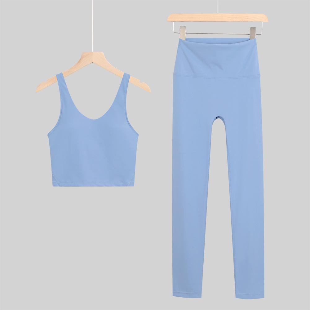 Lulu U-Back Sports Tank & 9-Point Yoga Pants Set with Bare-Feel Push-Up Bra for Women's Fitness