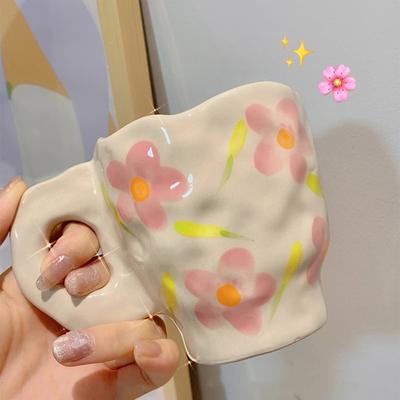 Mugs Cerise Tulipe Peints à la Main Japonais Céramique Fait Main Tasses Irrégulières Pour Café Thé Lait Eau Belle Tasse Cadeaux Café