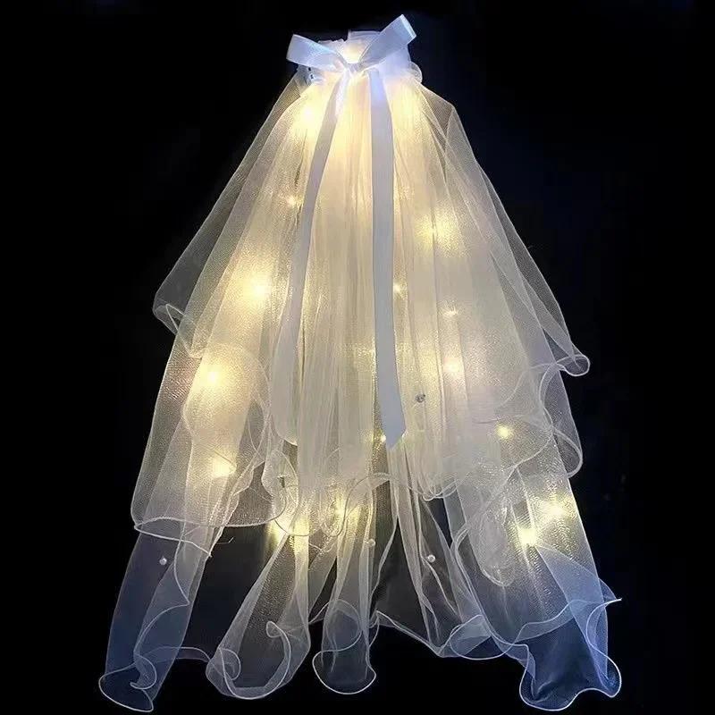 Leuchtender Hochzeitsschleier LED-Licht Schleife Perlen Schleier Leuchten im Dunkeln Partygeschenk Hochzeit Geburtstagsfeier Cosplay Haarschmuck