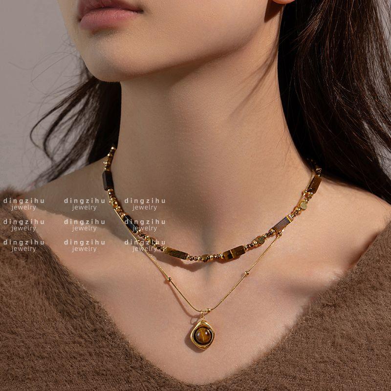 Retro Natural Tiger's Eye Stone Beaded Necklace 2024 Autumn and Winter New Stacked High-end Sweater Chain Collarbone Chain Neck Chain