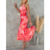 Women Summer Slash Neck Long Dresses Ladies Fashion Floral Printing Ruffle Hem Pleated Bodycon Party Maxi Dress