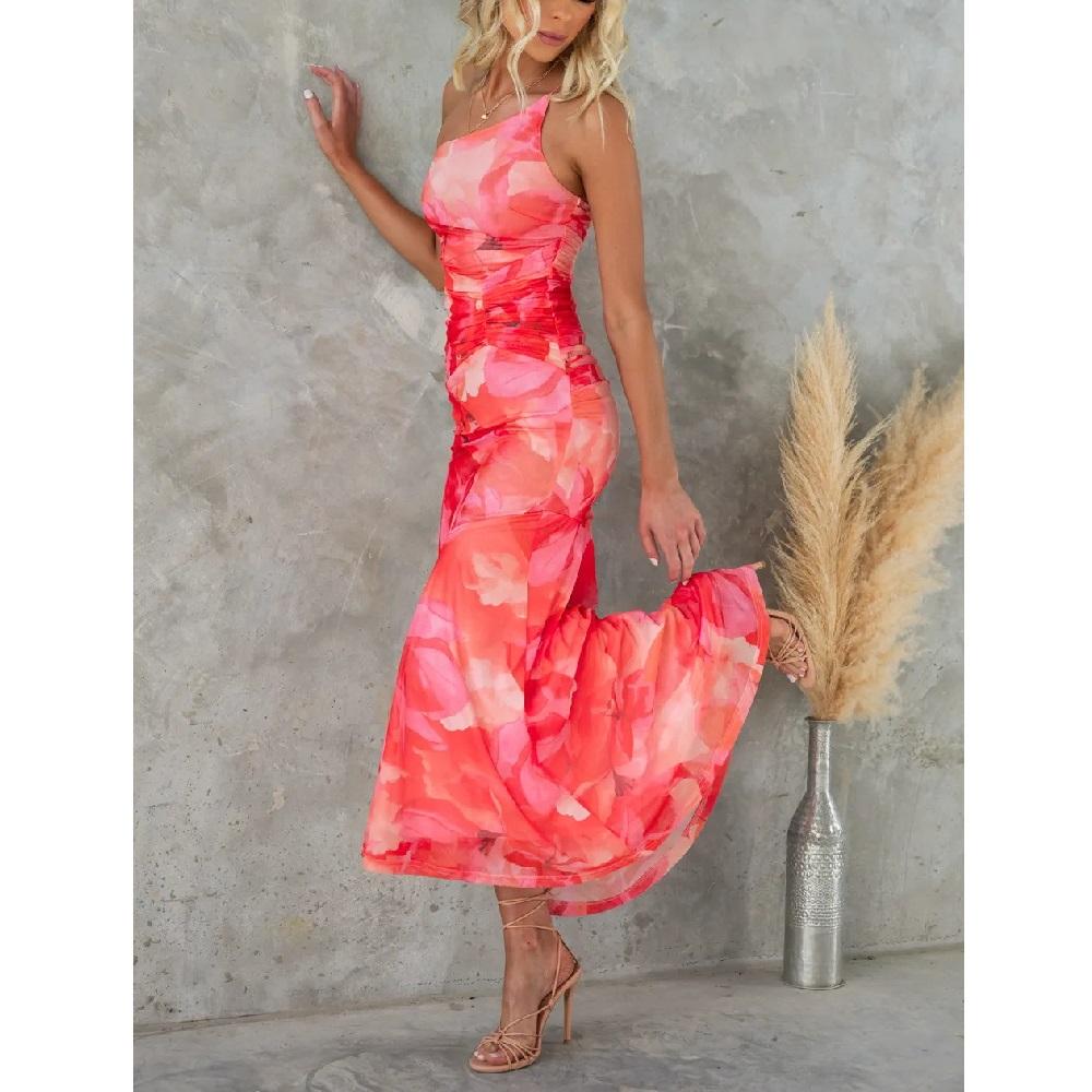 Women Summer Slash Neck Long Dresses Ladies Fashion Floral Printing Ruffle Hem Pleated Bodycon Party Maxi Dress