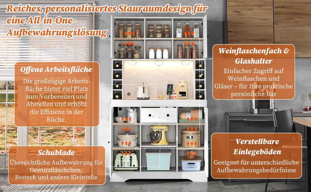 Armadio da vino con ripiani regolabili, cassetto, portabicchieri da vino, scomparti per bottiglie di vino, illuminazione LED a cambio colore e prese, 180 × 105 × 40cm