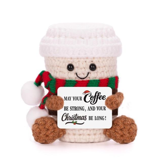 Lustige handgehäkelte Kaffeebecher-Plüschpuppe, emotionaler Beistand, positive Karte, niedliches Schreibtischornament, Heim-Feiertags-Aufmunterungsgeschenk