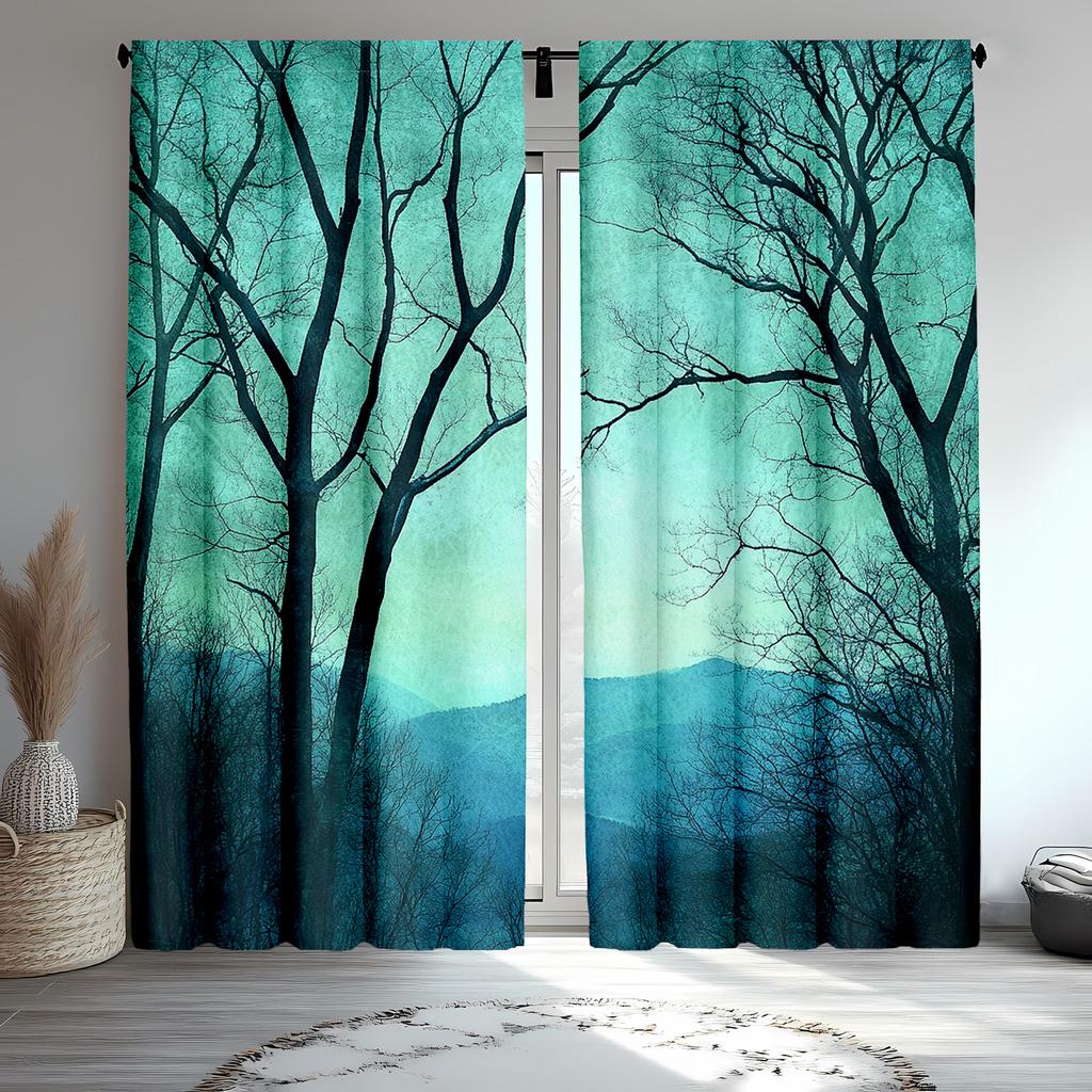 2pcs Forest Woodland Curtains with Summer Foliage Trees & Sun Rays Design, Scenic Polyester Window Drapes for Living Room & Bedr