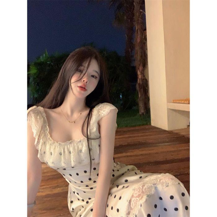 Lace lace splicing halter polka dot dress women s summer new design sense thin lace-up vest long dress tide S
