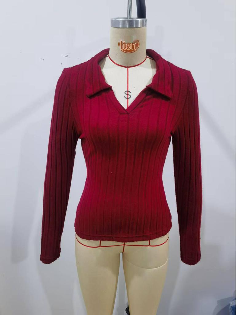 2025 Autumn/Winter Women's Solid Color Slim Fit V-Neck Lapel Long Sleeve Ribbed Brushed Top