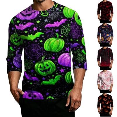 Men's Casual Halloween Print Crew Neck T-Shirt Three Quarter Sleeve Relaxed Fit Lightweight Top for Everyday Wear
