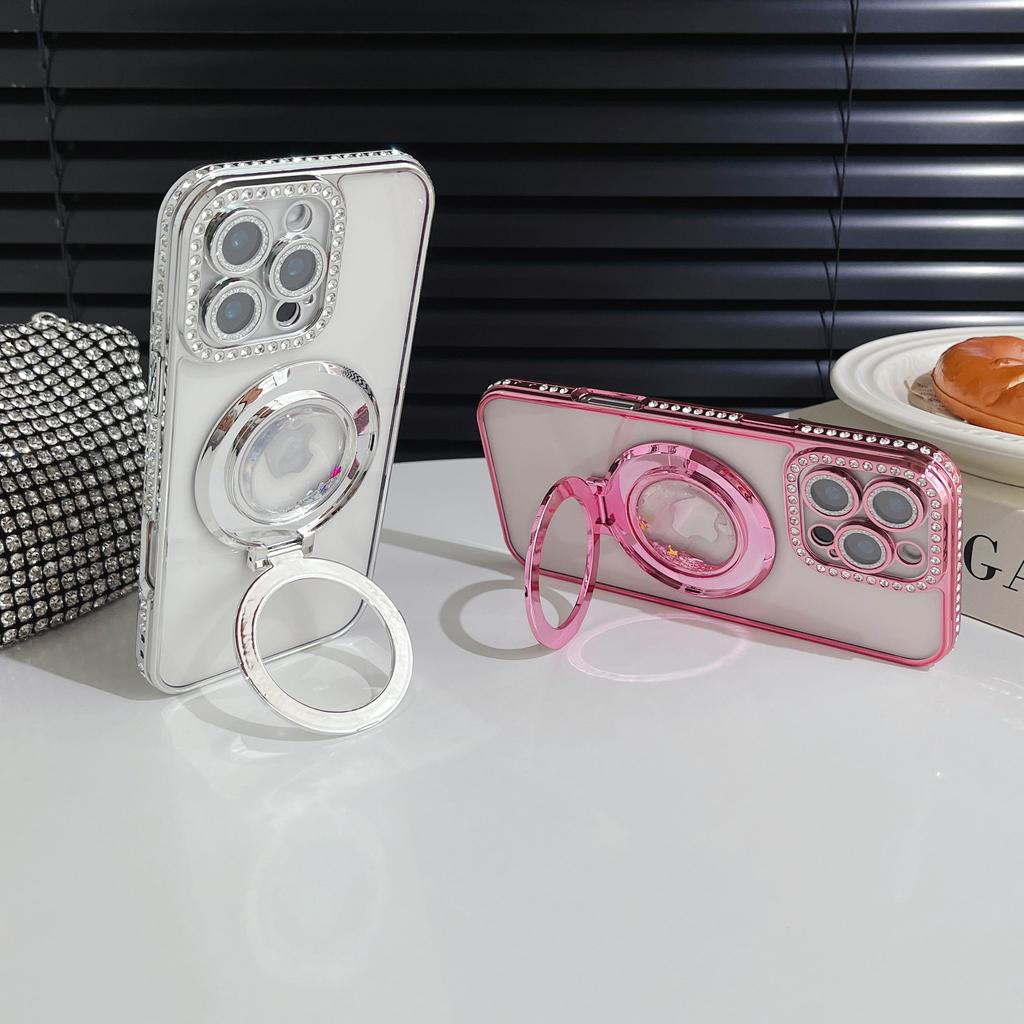 Pouzdro na telefon s třpytivým diamantovým chráničem objektivu fotoaparátu s pokovením Quicksand a stojánkem pro iPhone 17 16 Pro Max Samsung S25 S24 Průhledný ochranný kryt