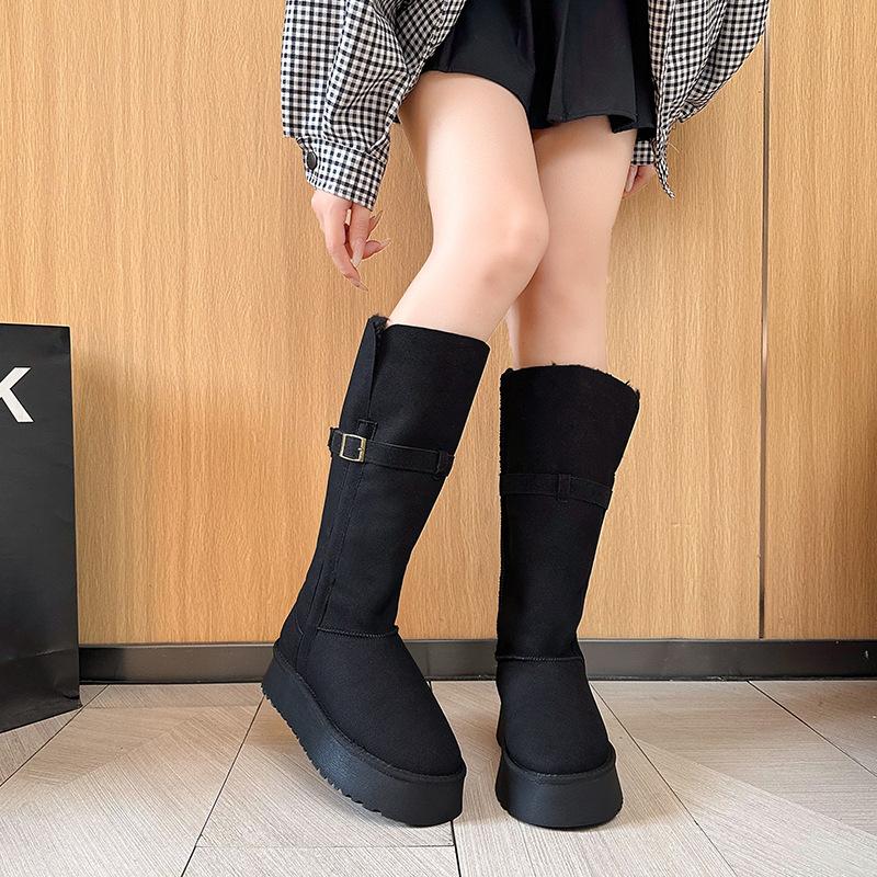 Damskie Lekkie Grube Podeszwy Klamra Paska Zimowe Ciepłe Futro Integralne Śniegowce Pluszowa Podszewka Antypoślizgowe Casualowe Sportowe Długie Bawełniane Kozaki