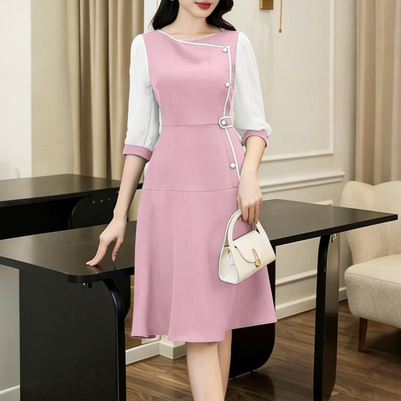 ZANZEA Women Casual Round Neck Splice 3/4 Sleeve Elegant Dress