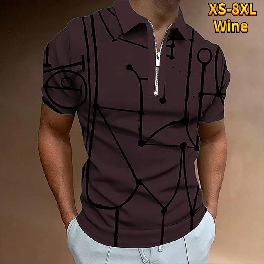 

Повседневная футболка с лацканами, молодежная мужская модная футболка на молнии, футболка с коротким рукавом, мужская футболка с 3D черным темным полосатым принтом 8XL винный