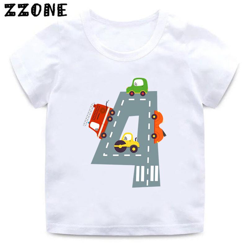 Hot Sale Different Car Print Funny Boys Clothes 1 2 3 4 5 6 7 8 9 Years Birthday Number Cartoon Kids T shirt Baby Girls TShirts