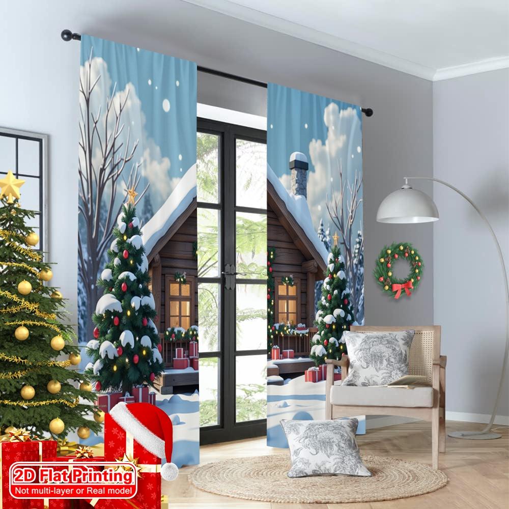 2pcs 2D Flat Printing Merry Christmas Popular Window Curtains Cozy Cabin Christmas Snow Gifts 100% Polyester Without Electricity