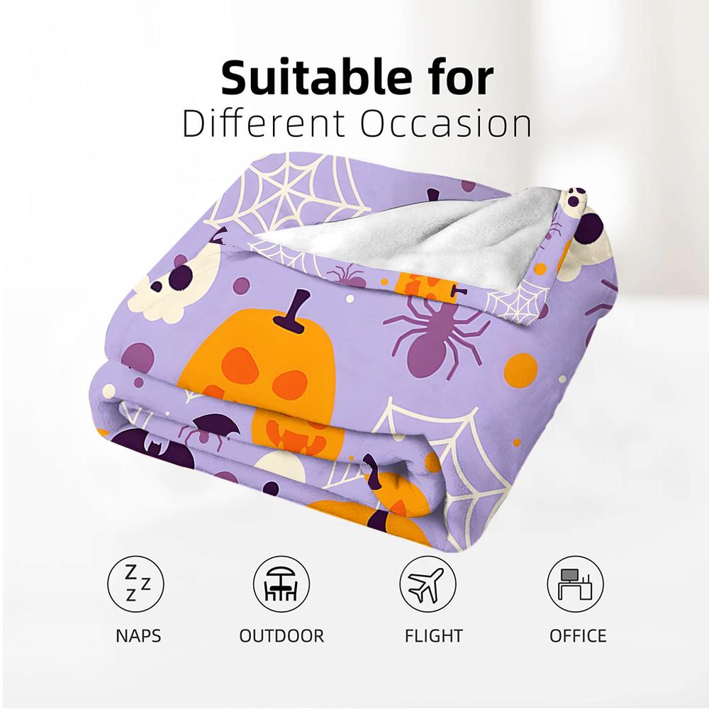 Lilac Spooky Pumpkin Bat Cartoon Anime Print Flannel Blanket Soft Warm Throw for Kids Bedroom Sofa Christmas Office Car