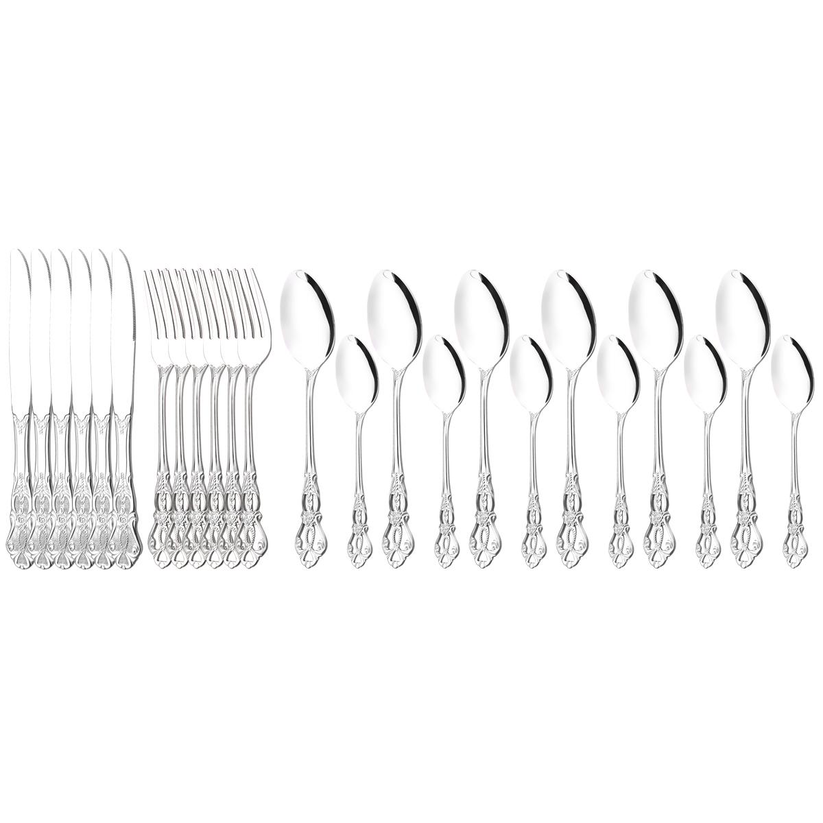 

24 шт. набор столовых приборов королевского золота, нож, десертная вилка, кофейная ложка, столовые приборы, столовые приборы из нержавеющей стали, столовое серебро, набор домашней кухонной посуды серебряный