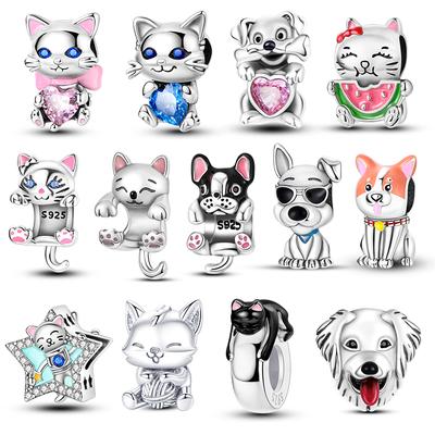 Pink Cat Paw Charms Original Copper Blue Zircon Animal Black Cat Lovely Dog Charm Diy Fit Bracelet For Women Jewelry Gift